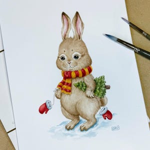 Cuadro festivo de conejito con árbol de Navidad - Cuadro de conejo - Decoración navideña - Arte navideño - Ilustración festiva en acuarela