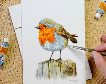 European Robin Watercolor Painting: Hand-Painted Bird Art on Cotton Paper