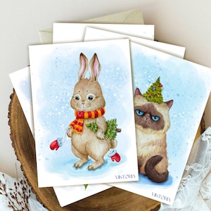 MINI PRINTS - lot de 5 cartes de voeux aquarelles uniques - oiseau, lapin, chat, serpent - oeuvres d'art originales - carte postale à collectionner