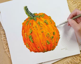 Original akvarell pumpamålning: Höstbotanisk konst, 11x11