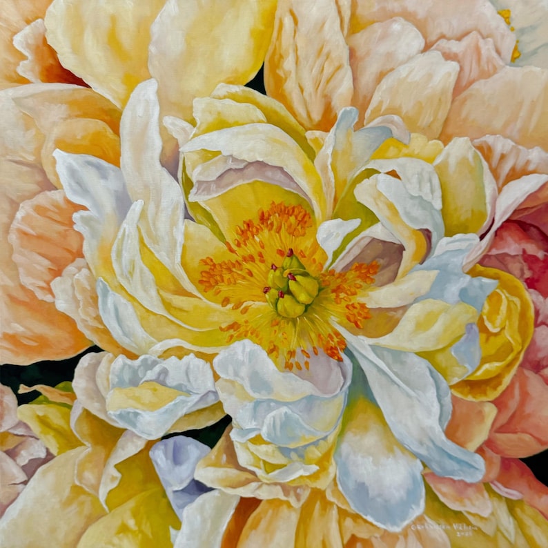 Hand-painted peony flower oil painting, square canvas artwork