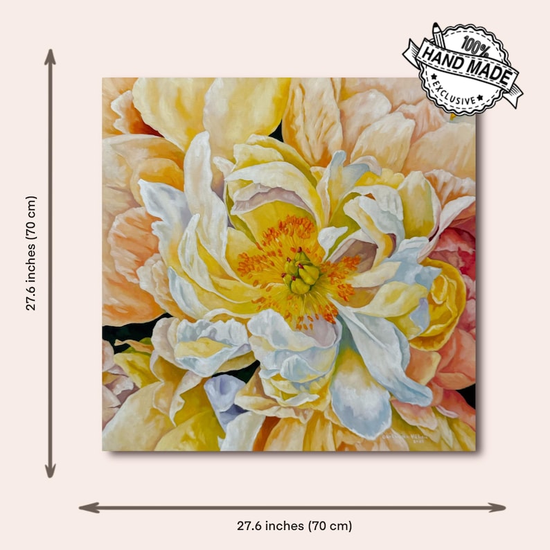 Realistic floral wall art with blooming peonies in warm tones