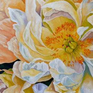 Soft romantic peony wall art, oil painted botanical flowers