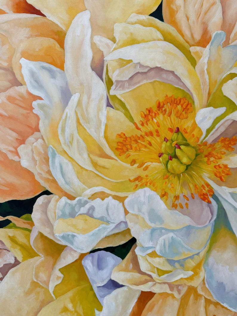 Soft romantic peony wall art, oil painted botanical flowers