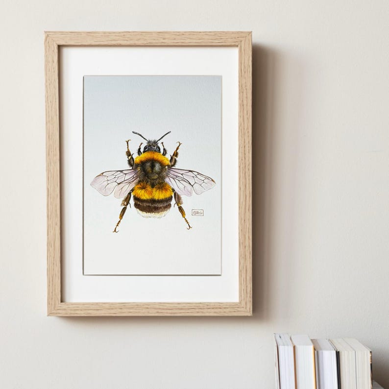 Framing example: see how the watercolor bumblebee painting looks in a frame – an ideal solution for your interior.