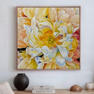Original oil painting of yellow and white peonies on canvas