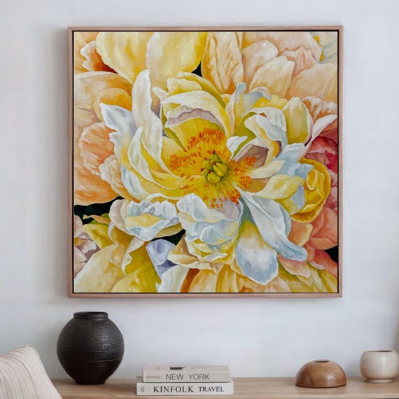 Peony Flowers Oil Painting Original Canvas - Floral Peony Artwork – Yellow and White Peonies Wall Art – Botanical Home Decor
