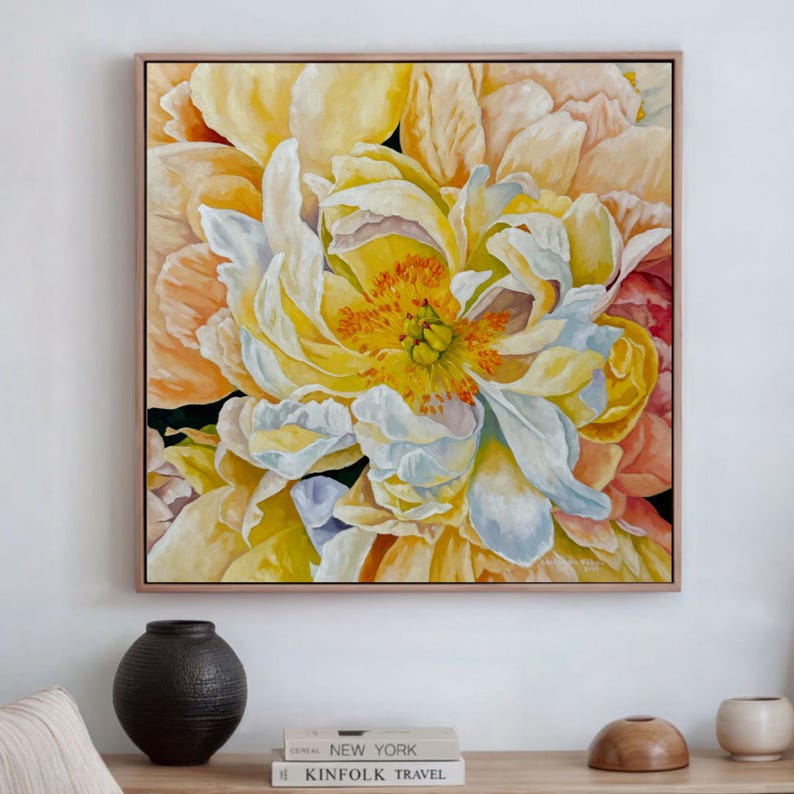 Original oil painting of yellow and white peonies on canvas