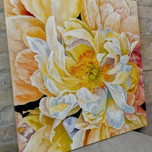 Large square floral painting, peony flower wall decor