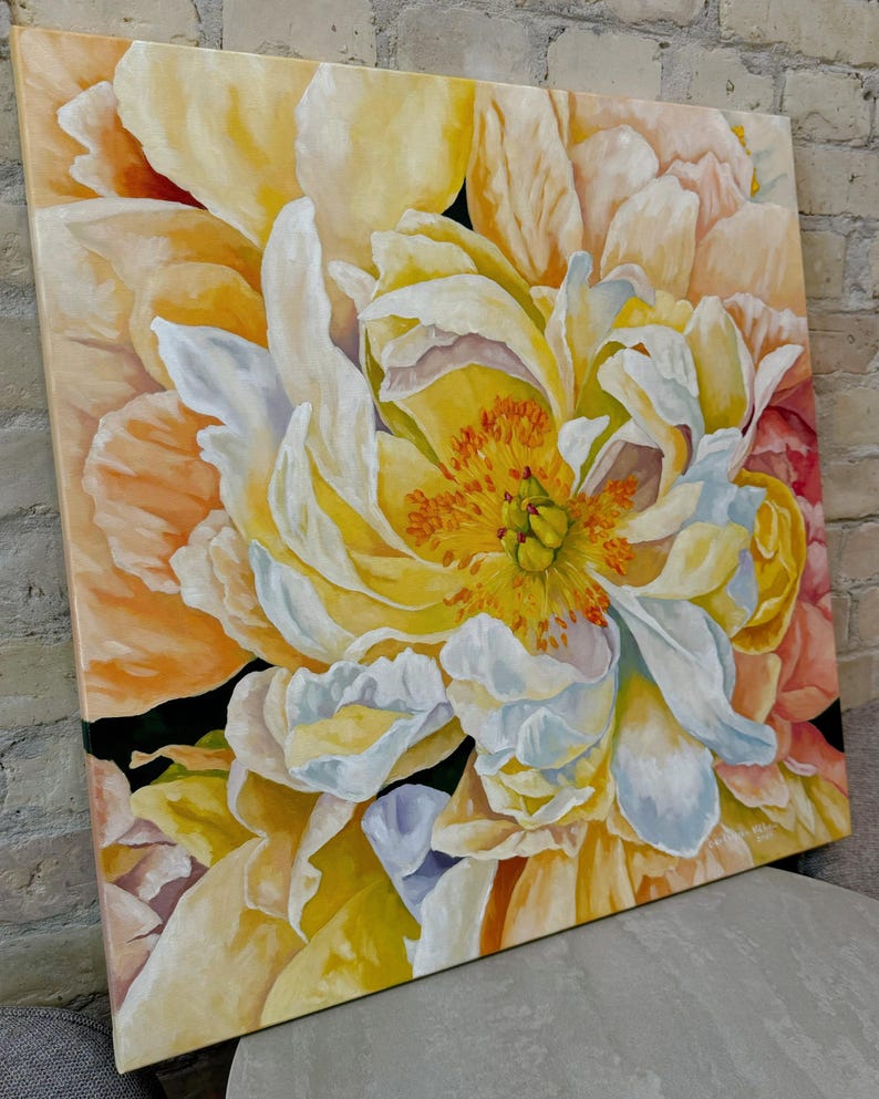 Large square floral painting, peony flower wall decor