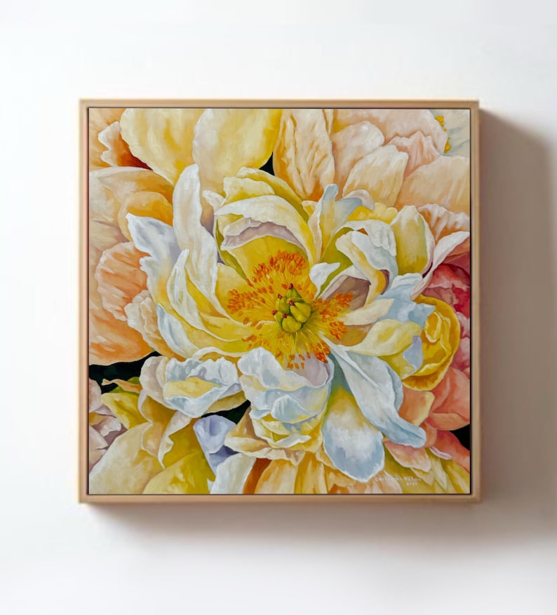 Bright flower painting for living room, peony oil artwork