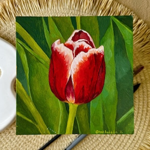 Obra de arte de tulipanes coloridos - Pintura de flores de tulipán rojo acrílico - Arte original sobre cartón imprimado - Decoración de pared única - Arte botánico - Flores