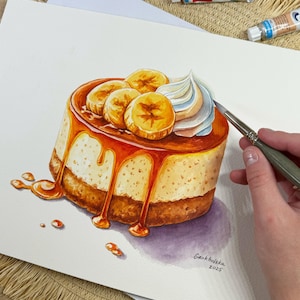 Handgezeichnete Aquarell Bananen Torte Gemälde - Dessert Küche Wandkunst - Bäckerei Dekor - Food Illustration - Gebäck Malerei Geschenk