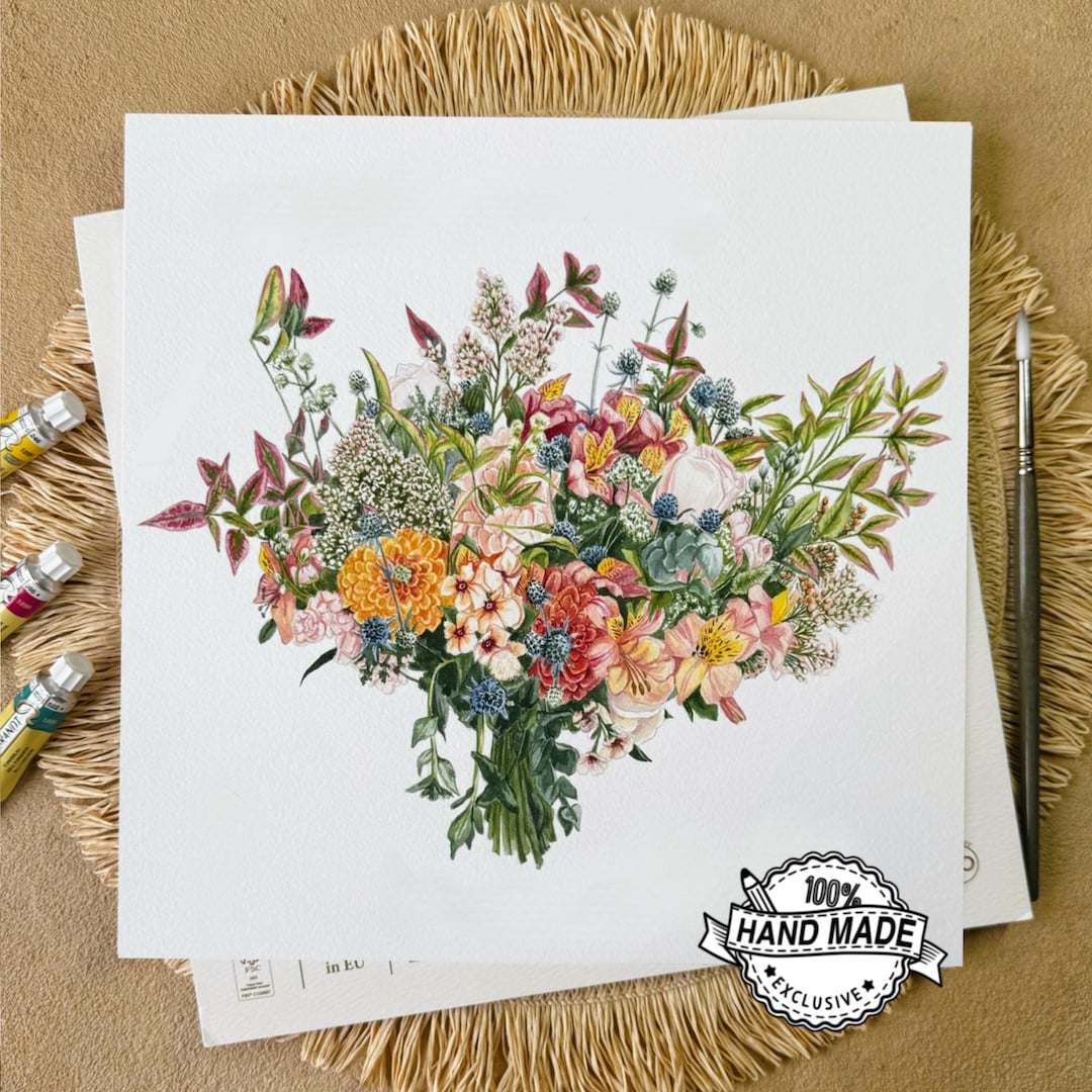 Custom Wedding Bouquet Painting - Bridal Bouquet Watercolor - Flowers From Photo - Floral Portrait - Gift for wife - 11x11 inch/28x28 cm