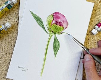 Original Aquarell Pfingstrosen Knospe Gemälde - Botanische Blumen Kunst - Rosa Pfingstrose Wand Dekor - Geschenk für Blumenliebhaber