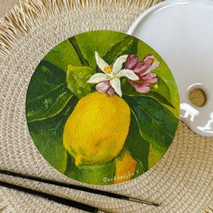 Pintura acrílica original de limón y flor de limón sobre tablero duro - Arte mural de cocina con cítricos - Pintura de frutas - Decoración del hogar hecha a mano