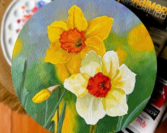 Pintura acrílica de narcisos sobre tablero de fibra - Naturaleza muerta floral original