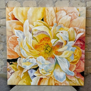Botanical oil painting with soft yellow and cream peony petals