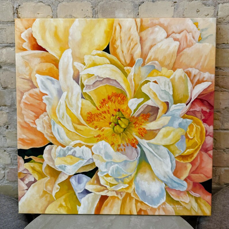 Botanical oil painting with soft yellow and cream peony petals