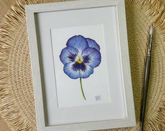Original Violet Pansy Watercolor Painting – Framed Botanical Art - Flower and Floral Decor
