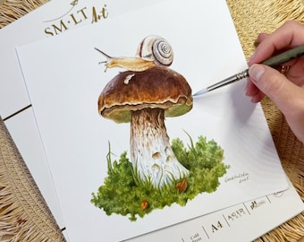 Original Watercolor Mushroom and Snail Painting: Botanical Forest Art