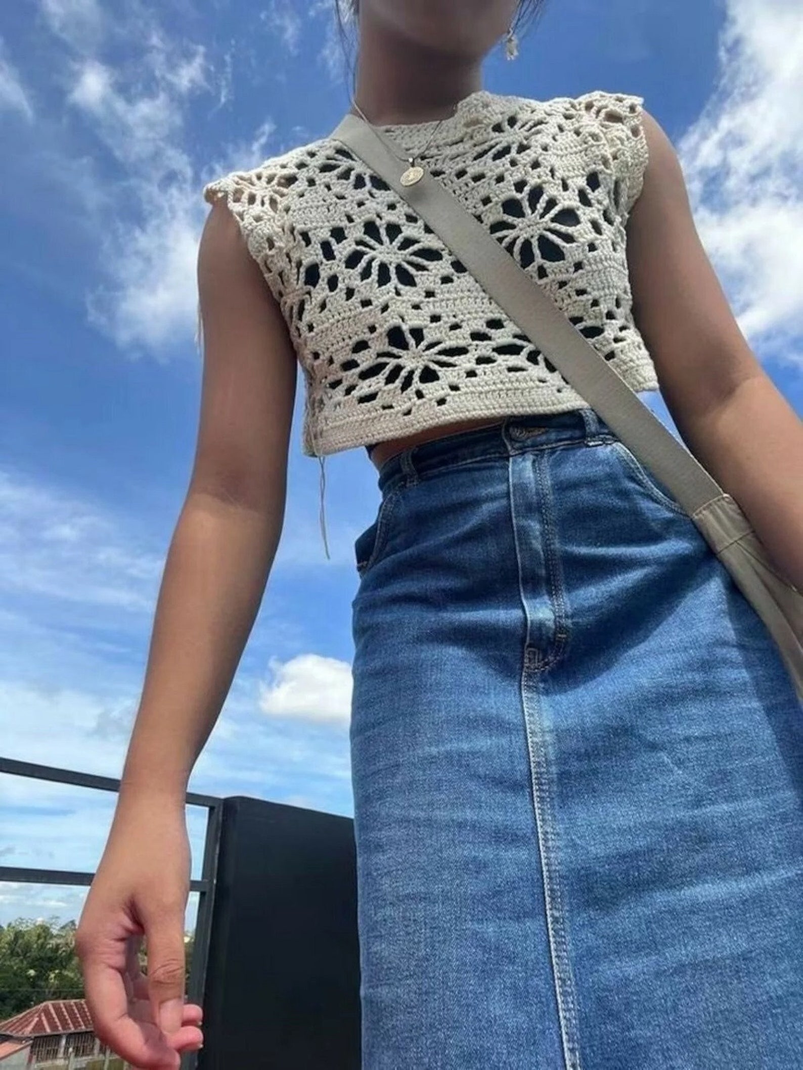 Women's Cream Round Neck Semi Sheer Crochet Crop Top