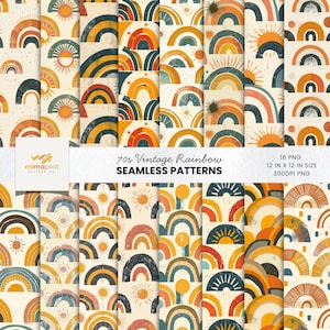 Paquete de patrones vintage de arcoíris granulado de los años 70, patrones vintage de sol estilo boho para álbumes de recortes (descarga instantánea)