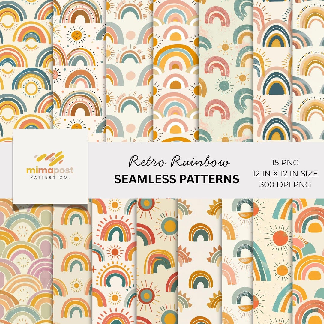 Retro Rainbow Patterns Retro Rainbow Seamless Patterns Bundle, Grainy Sun Scrapbook Paper ...