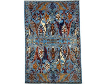Hand Knotted Afghan Chobi Rug, 6.5x10 ft Blue Wool Area Rug, Vegetable Dyed