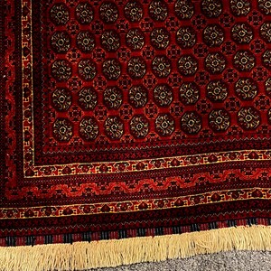 May include: A detailed shot of a red oriental rug with a repeating circular pattern in shades of brown and gold. The rug has a decorative border and a fringe along the bottom edge. The rug's design is intricate and traditional.