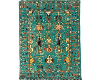 Afghan Hand Knotted Area Rug 5x6.5 | Teal Vegetable Dye Wool Rug | Handmade Living Room Rug | Afghan Handmade Carpet