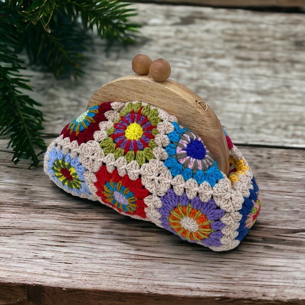 Wooden Scholar Bag, Knitted Crochet Bag, Knitted Bag with Motif , Bag for Women, Handmade Knitted Bag, Colorful Motif Bag, Clutch Bag