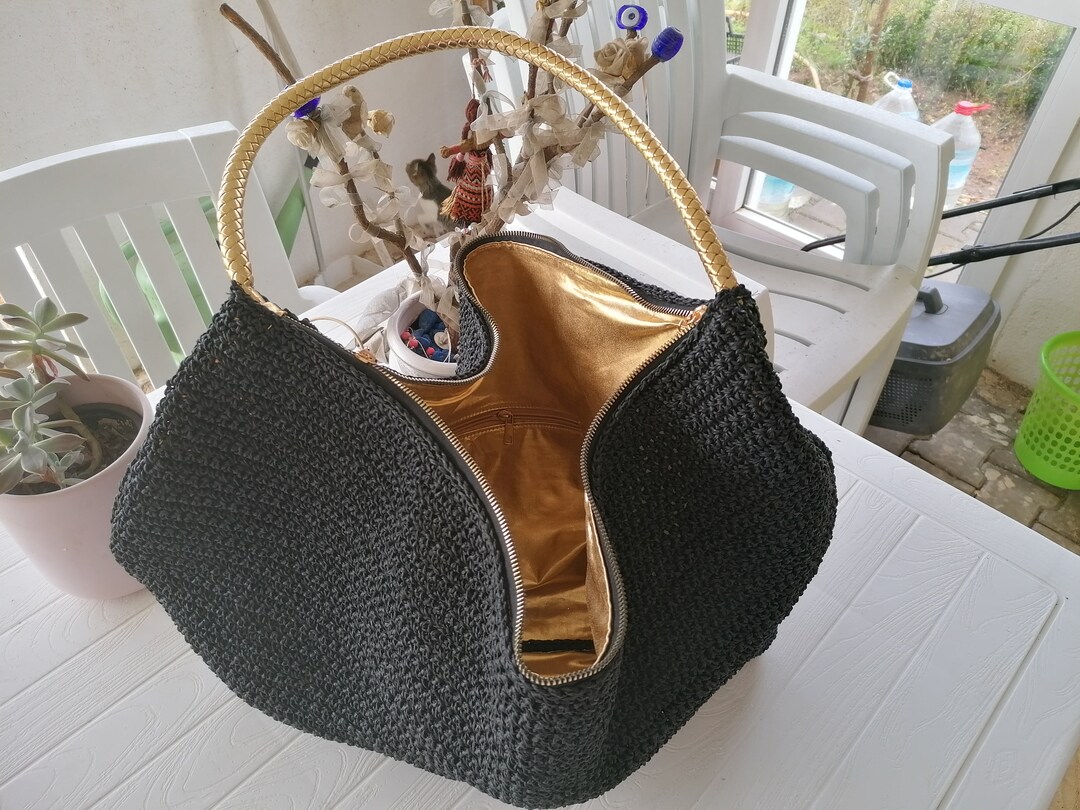 Paper String Bag, Handmade Knitted Bag, Crochet Bag With Gold Color