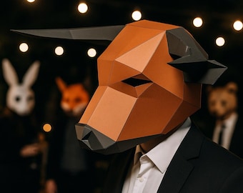 Bull Mask Papercraft Template | 3D Low Poly Animal Head | DIY Printable Mask PDF | Geometric Ox Mask for Cosplay, Halloween, Party Decor
