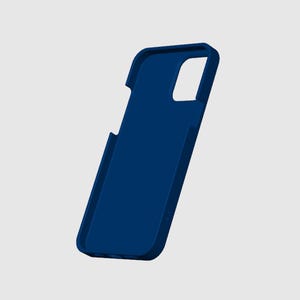 May include: A dark blue phone case with a cutout for the camera lens.