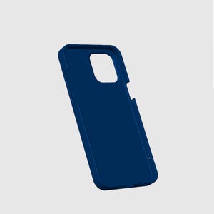 May include: A navy blue phone case with a rectangular shape and a camera cutout. The case has a raised edge around the screen and a smooth, matte finish. The case is designed to protect a smartphone.