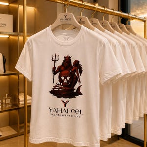 Könnte beinhalten: Ein weißes kurzärmeliges T-Shirt mit einer dunkelroten Grafik einer bärtigen Figur, die einen Dreizack, einen Totenkopf und eine Meerjungfrau über einer Yacht hält. Unter der Grafik steht der Text YAHAfeel YACHTHAFENFEELING mit einem kleinen Logo.