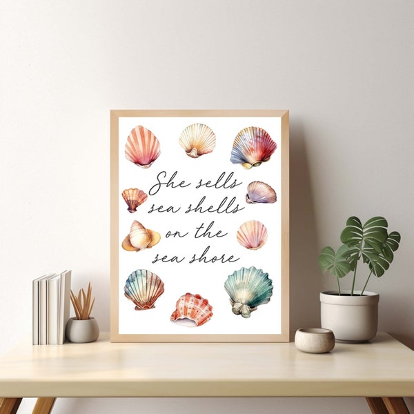 She Sells Sea Shells Wall - Tongue Twister Print with Sea Shells Illustration, Printable Instant Download, Digital Artwork, Print at Home