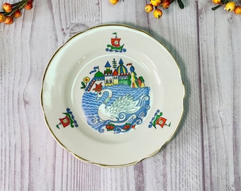 Set von 4 Porzellanteller Prinzessin Schwan UdSSR Korostensky Fabrik, Vintage Kinderteller, Rarität Sowjetunion Teller, Kinderporzellanteller