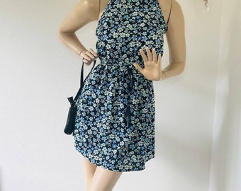 Sukienka mini w kwiaty w stylu vintage z lat 90.: niebieski letni poliester