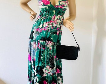 Vintage 90s Floral Maxi Dress: Green & Pink Rayon Summer Boho