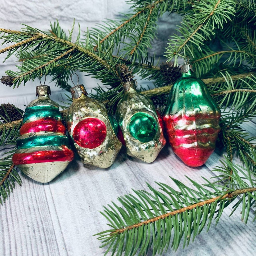 ヴィンテージガラス製ソビエトクリスマスオーナメント4個セット、1970