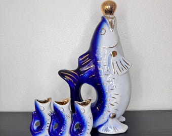 Vintage Fish Decanter Set, Ukrainian Blue and White Ceramic Liquor Bottle with Shot Glasses