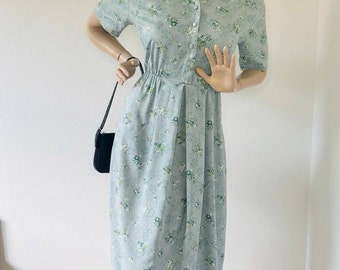 Vestido midi floral vintage de los años 80: rayón verde, estilo bohemio de verano