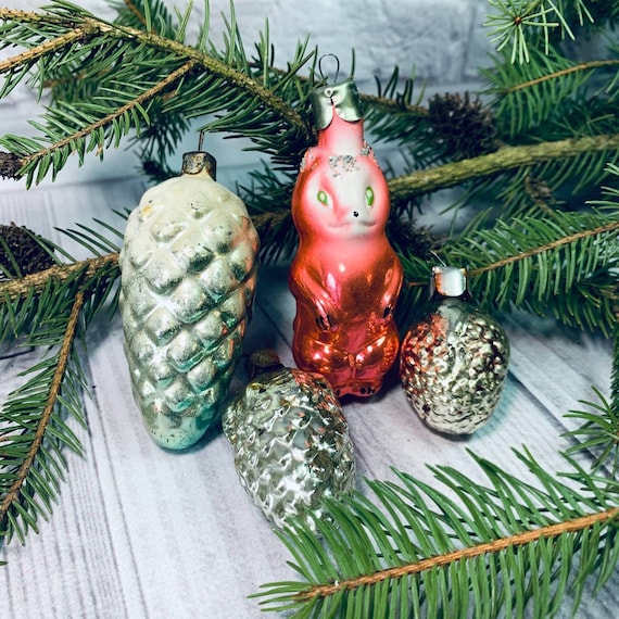 ヴィンテージガラスクリスマスオーナメント4個セット、ソビエト時代の