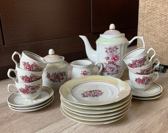 Vintage USSR Porcelain Tea Set: Chrysanthemum Floral Ukrainian Coffee Service