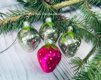 Set of 4 Vintage Strawberry Glass Christmas Ornaments, USSR Decor