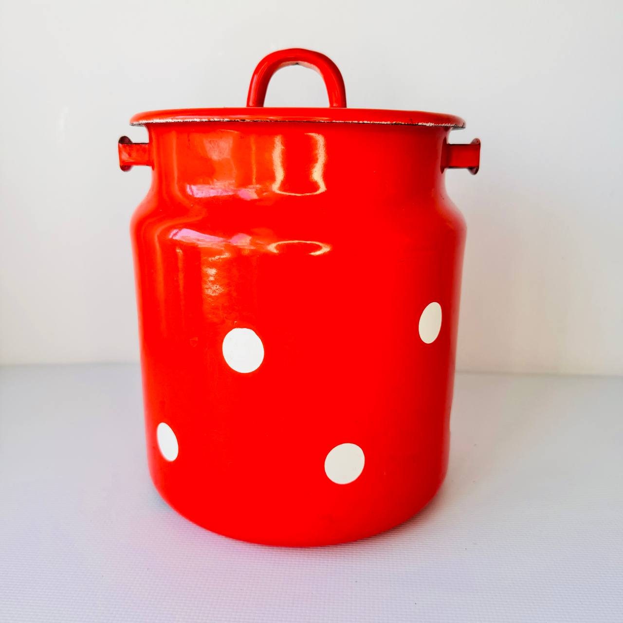 Vintage Enamel Milk Can, Enamel Milk Pail, Polka Dot Enamelware, Wooden