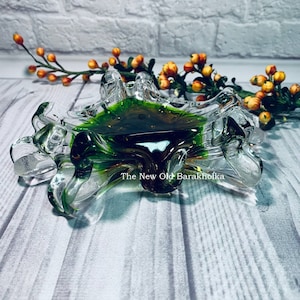 Hand Blown Clear And Green Glass Ashtray, Ashtray with Controlled Bubbles, Murano Glass Ashtray, Vintage Seguso, Glass Cigars Ashtray
