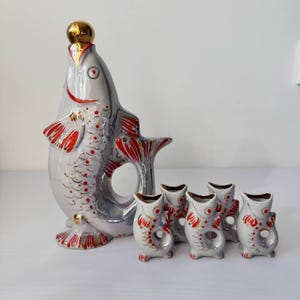 Very Rare and Exclusive Fish Decanter Ukrainian Drinking Set Porcelain fish Carafe Vodka Whiskey Shot Glasses Christmas Vintage barware